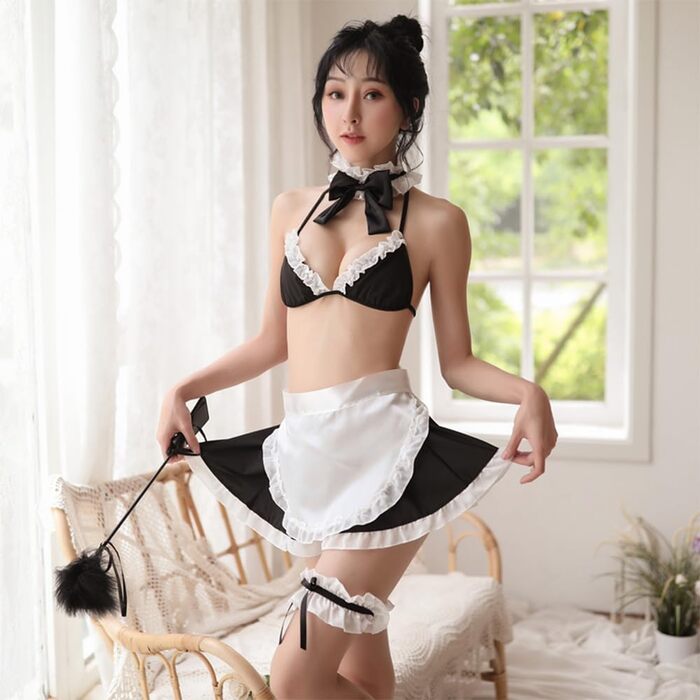 Комплект ігрової нижньої білизни для жінок: костюм горничної, чорний, аніме-тематика