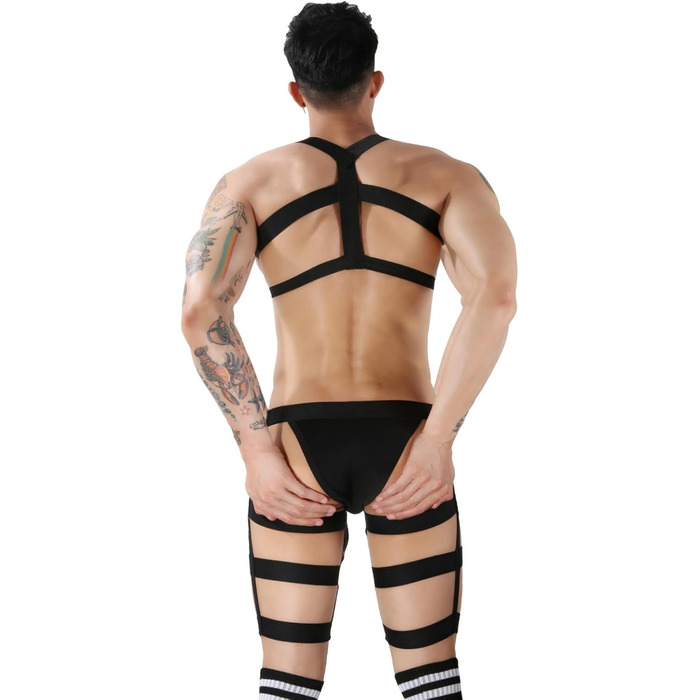 Сексуальний чоловічий комплект для сну: корсет, стрінги, шкарпетки, мереживні панчохи, чорний, універсальний розмір