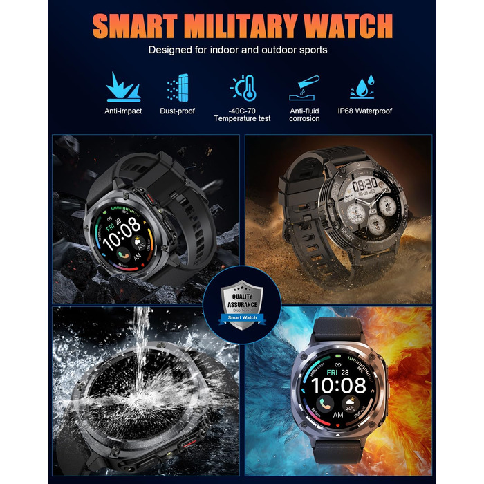 Смарт-годинник TIMU для чоловіків, 1.45' AMOLED дисплей, можливість дзвінків, 115+ спортивних режимів, моніторинг пульсу, сну та кроків, водонепроникність IP68, сумісність з Android та iOS