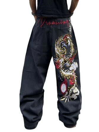 Чоловічі джинси Baggy з вишивкою, широкі штани денім (XXL, чорні, A50)
