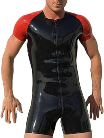Чоловічий латексний комбінезон Enger Catsuit з короткими рукавами та шортами, чорно-червоний, фетиш-стиль, комбінезон-боді, молнія спереду, X-Small, Plus Size