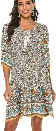 Сукня-туніка BDTECAOR в етнічному стилі вінтаж, блакитна, з V-подібним вирізом, 3/4 рукав, пляжна/вечірня, колір: зелений блакитний (M, Абрикос)