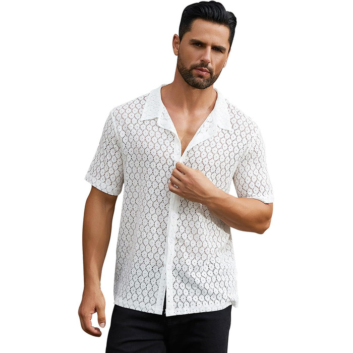 Чоловіча мереживна сорочка з короткими рукавами ABEHIK для рейв-вечірок та клубів (біла, S)