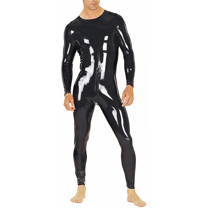 Чоловічий латексний catsuit з ефектом вологого блиску, чорний, XXL. Латексний комбінезон з блискавкою, довгі рукави, з шліц-ременем.