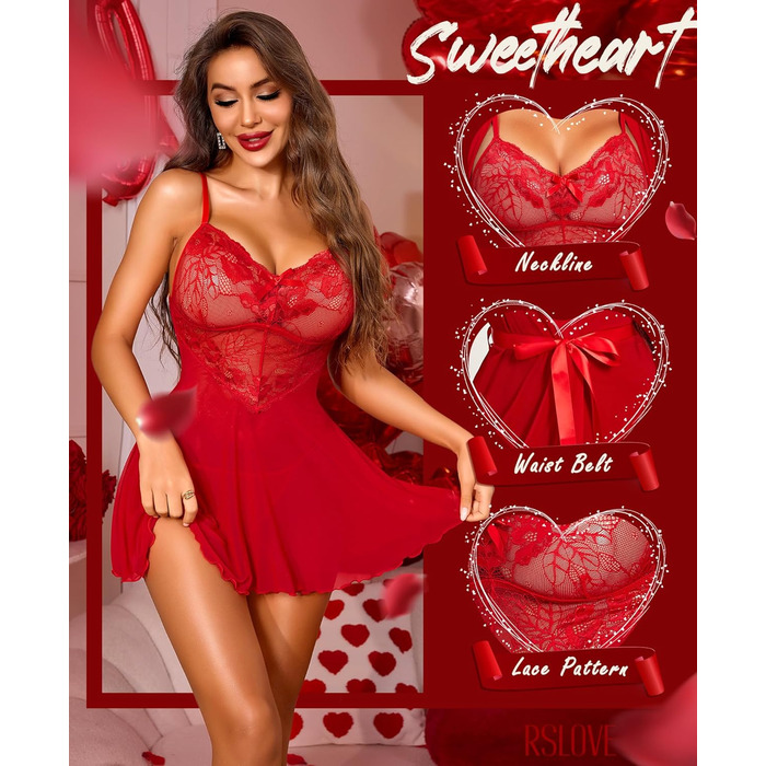 Комплект ніжної піжами RLOVE для жінок: кімоно, бюстгальтер та нічна сорочка (3 частини), чорний (L, Червоний)