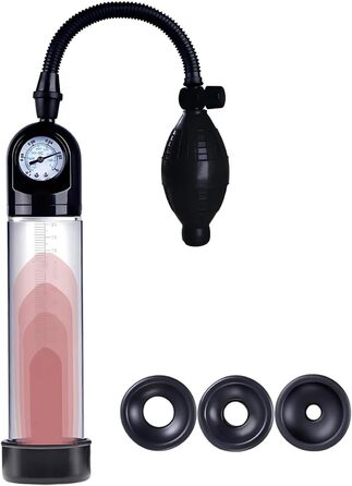 Ручний пеніс-насос з силіконовою іграшкою та 3 насадкою-рукавом. Манометр та шкала. Для збільшення та покращення ерекції. Іграшка для чоловіків.