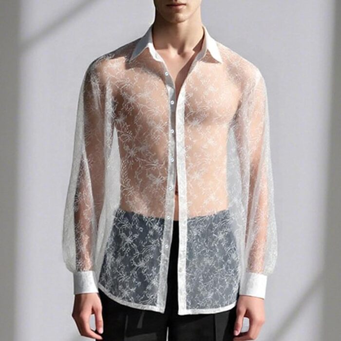 Чоловіча сітчаста сорочка Mymyguoe: прозора, з коротким рукавом, для клубів та вечірок, білий колір