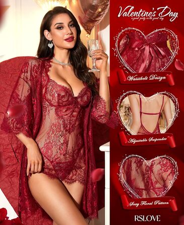 RSLOVE Комплект нижньої білизни для жінок: мереживний комплект з квітковим принтом, 3-частинний (Т-розріз), нічна сорочка, халат, розмір M, бордовий