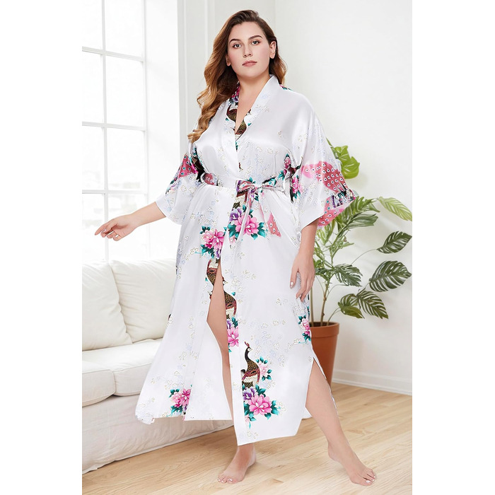 Халат жіночий довгий шовковий атласний, Kimono з принтом павича, BABEYOND