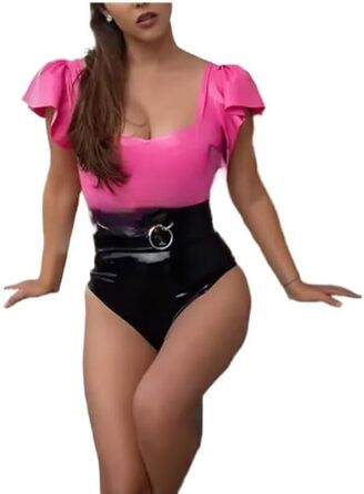 Латексний костюм GAYLOP для жінок: латексний купальник з короткими рукавами, рожевий та чорний, ручної роботи
