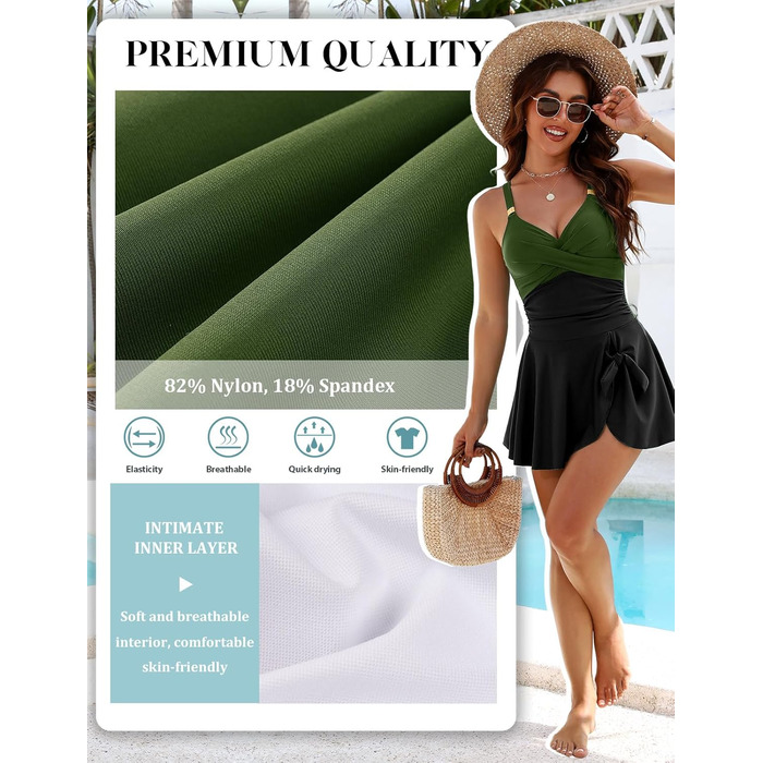 Купальник жіночий Badeanzug одноцільний з драпіруванням, животик, V-подібний виріз з підтримкою грудей, плаття для плавання Swimdress, літній, пляжний, чорно-зелений, XL