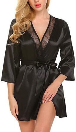 Халат жіночий літній довгий, кімоно, сатин з мереживом, чорний. Халат для дому, легкий, напіврукав, як халат-рушник