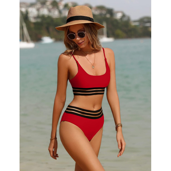 Бікіні Daen Set - двочастинний купальник пуш-ап з високою талією, спортивний, червоний (L)