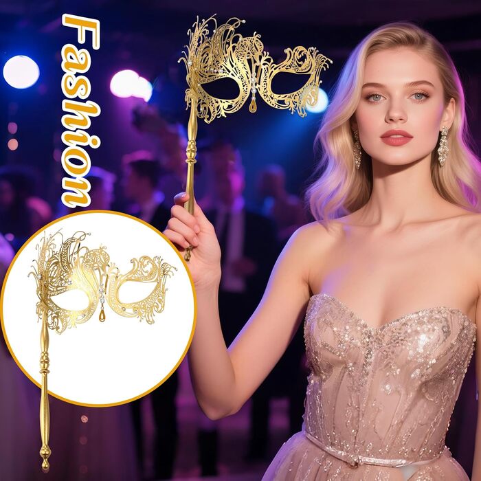 Венеціанська маска JewelryWe з держаком для жінок, металева маска з стразами для маскараду, аксесуар для костюма на Хелловін, карнавал, вечірку, бал (Золота)