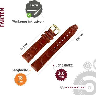 Шкіряний ремінець для годинника MARBURGER 18мм з тисненням під крокодила (Caiman) з прошивкою, коричневий/золотий, з набором інструментів для монтажу