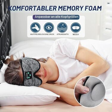 Bluetooth-маска для сну Schlafkopfhörer з 3D-ефектом та HD-стереодинаміками, регульована м'яка пов'язка для сну, медитації та подорожей (Чорна)