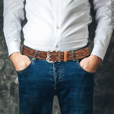 Шкіряний чоловічий ремінь BISON DENIM коричневий, 38 мм, ретро-стиль для джинсів та бізнес-одягу, з металевою пряжкою та подарунковою коробкою (120 см)