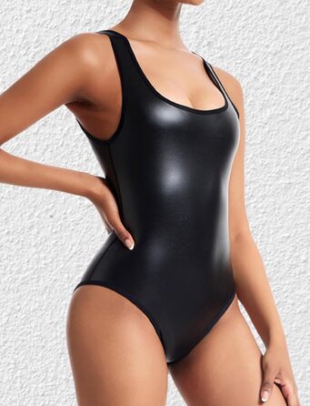 Боді з короткими рукавами FEOYA з PU шкіри, облягаючий, для клубів, вечірок, йоги та повсякденного носіння (M)