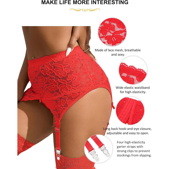 Жіночий комплект спідньої білизни з мереживною стрічкою та кліпсами, великі розміри. Комплект з 4 стрічок та трусиків. Колір: червоний (M-L).