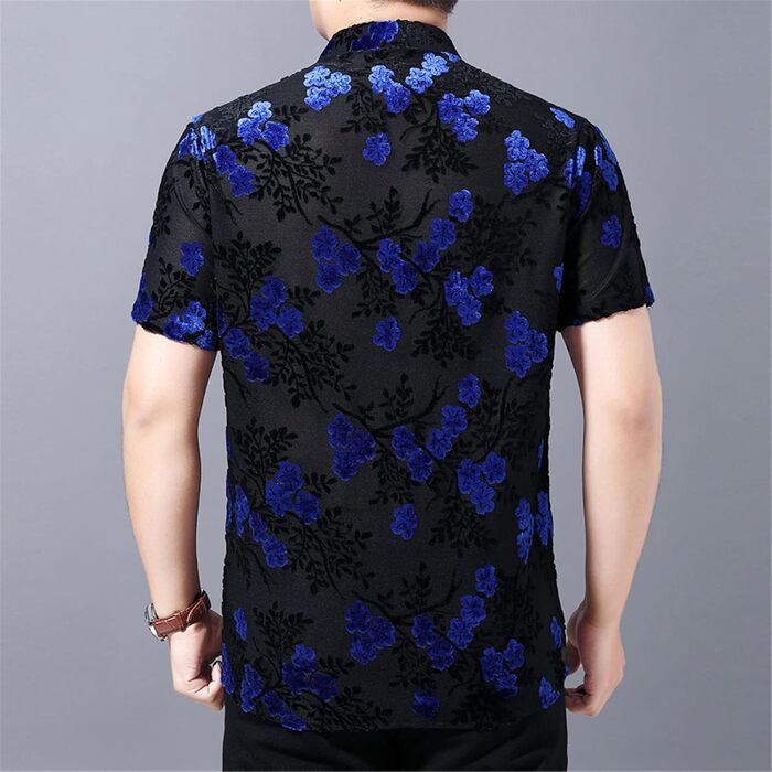 Чоловіча прозора сорочка з квітковим принтом, велюр, клубний стиль, блакитна, 3XL