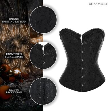 Корсет жіночий Miss Moly, вінтажний, повний бюст, класичні кольори, мереживо, бант, з принтом G-Tanga, чорний, на блискавці