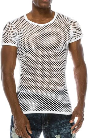 Чоловіча сітчаста футболка з прозорим дизайном, стильна, сексуальна, з короткими рукавами, для нічного клубу, вечірки, вуличної моди. Білий колір.