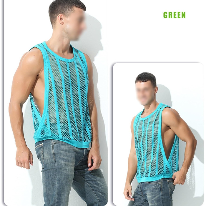 Чоловіча майка з сіткою та смугами, прозора сітка, без рукавів, з вирізами, прозора білизна, зелена M
