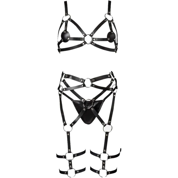 Чорний комплект еротичної білизни з велюру, 3 частини, S-M