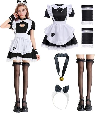 Костюм служниці YushengTai чорно-білий з котячим мотивом, для косплею, Хелловіну, Нового року, карнавалу. Розмір XXL