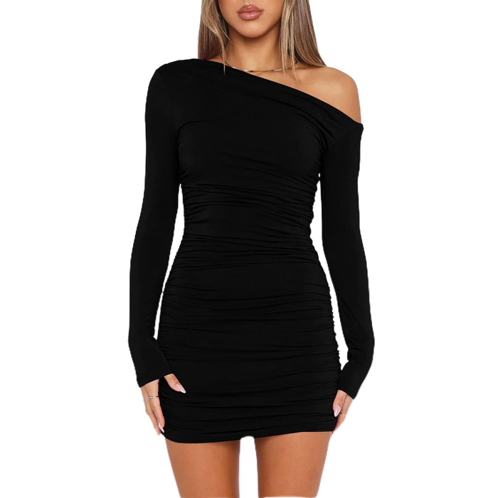 Жіноче облягаюче плаття Elfin з трикотажної тканини, довгі рукави, міні, на одне плече, з драпіруванням, чорне. Ідеально для вечірок, клубів та повсякденного носіння.