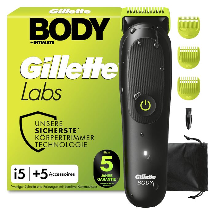 Тример для тіла та інтимних зон Gillette Labs i5 Body + Intimate, чорно-зелений, з технологією SkinFirst, водонепроникний, з тримачем для душу та 5 аксесуарами