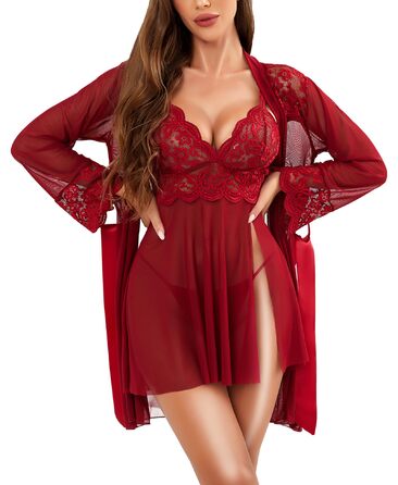 RSLOVE Сексуальний жіночий комплект нижньої білизни: мереживний халат, нігліж, боді з сітки, 3 шт. - Вишневий