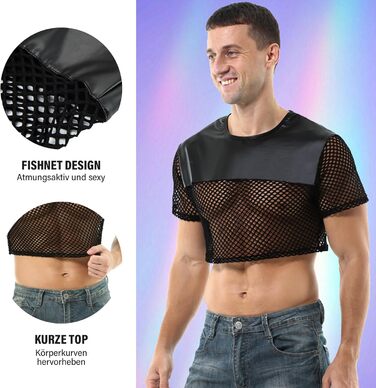 Чоловіча сітчаста сорочка з прозорим екошкіряним вставками, відкритий живіт, футболка з короткими рукавами, чорна, розмір M