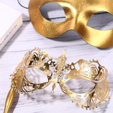 Маска для карнавалу та Хелловіну JewelryWe венеціанська пара з держаком, металева, зі стразами (Золота)