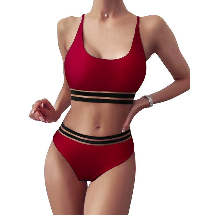 Бікіні Daen Bikini Set: двочастинний купальник пуш-ап з високою талією, спортивний дизайн, для жінок (L, Бордовий)