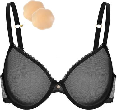 Чорний бюстгальтер Wingslove без пуш-ап з мереживом та прозорою сіткою, з силіконовими накладками на соски, 75C