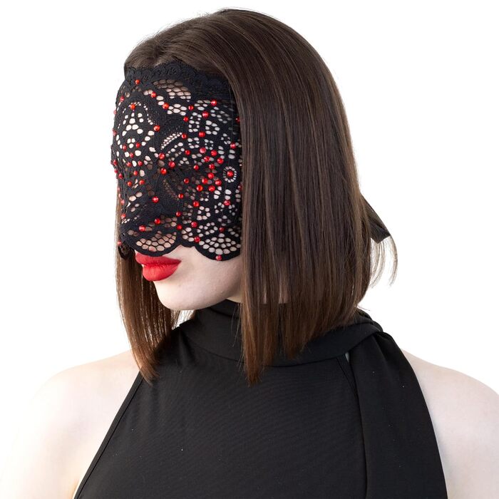 Чорна маска на обличчя з мереживом та стразами для жінок, елегантна венеціанська маска для карнавалу, Хелловіну, косплею, вечірок у костюмах (чорний з червоними стразами)