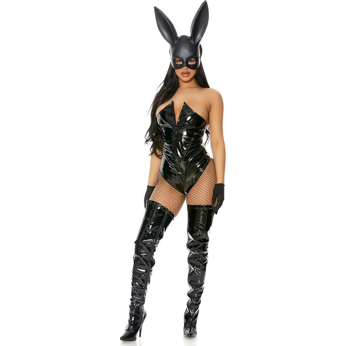 Маска для тіла та рукавички Forplay Bunny з прозорого вінілу, чорні (Grande/Súper Grande)