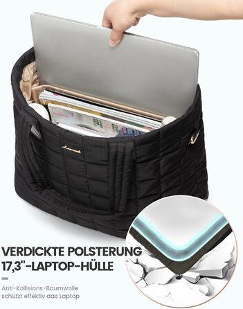 Жіноча сумка для ноутбука LOVEVOOK Puffer Shopper, м'яка стібана сумка-шопер (17 дюймів, чорна)