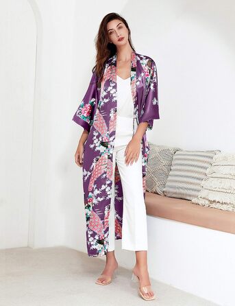 Халат жіночий довгий з атласу, квітковий принт, Babeyond, для дому та відпочинку