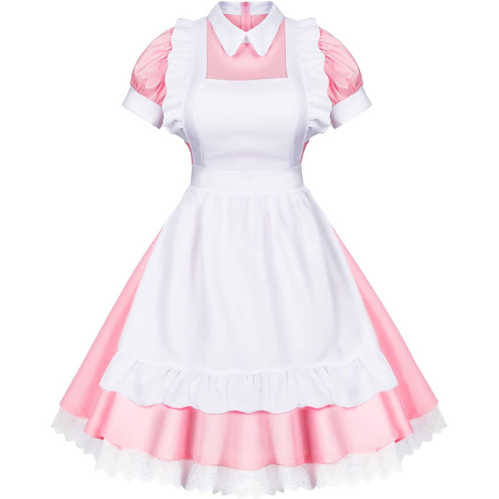 Костюм для косплею в стилі Аніме Лоліта, Французька служниця, Комплект з 6 предметів (Спідниця, рукавички, головний убір, шкарпетки), Синій (S, Рожево-червоний)