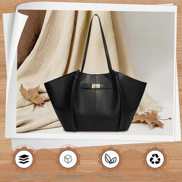 Жіноча сумка-шопер Tote Bag великого розміру, шкіряна сумка на плече з від’ємним ременем, вінтажна сумка для роботи, офісу та подорожей (Чорна)