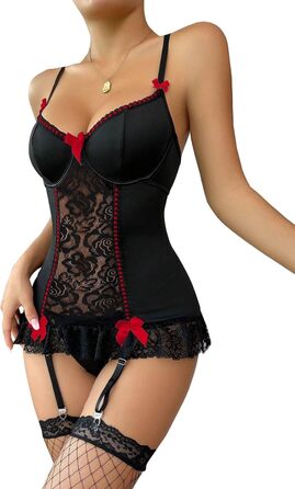 Сексуальний жіночий комплект спідньої білизни: боді з мереживом, стринги та мереживний пояс - чорно-червоний, розмір S