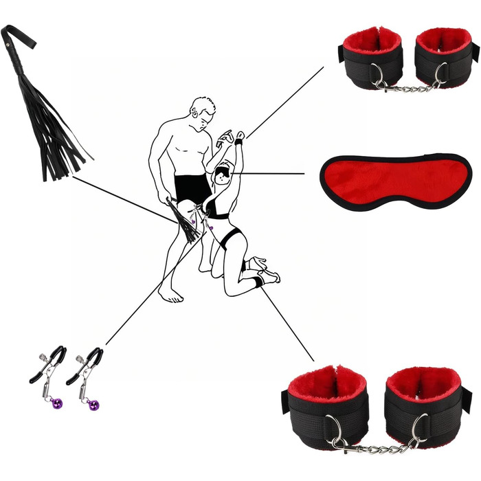 Набір для БДСМ з 26 елементів Qoosea: наручники, феттери, анальні пробки, іграшки для пар. Чорний колір.