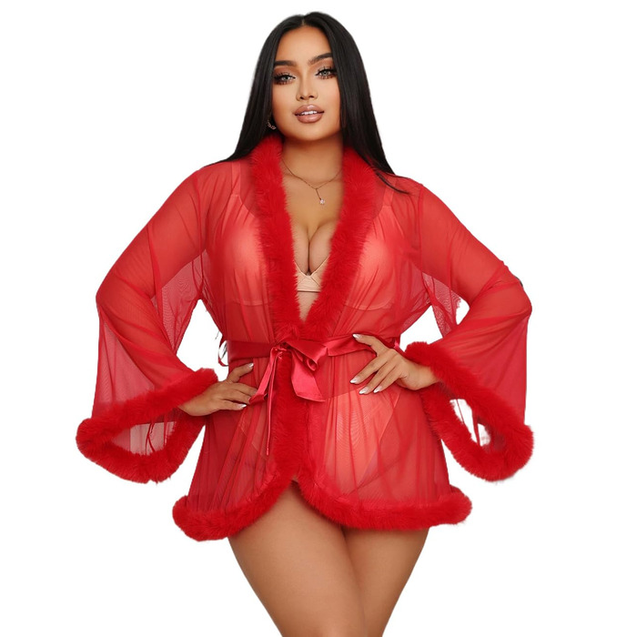 Кимоно жіноче з фатину, коротка сексуальна піжама/халат з штучним хутром, прозорий, великі розміри (XL-XXL), червоний