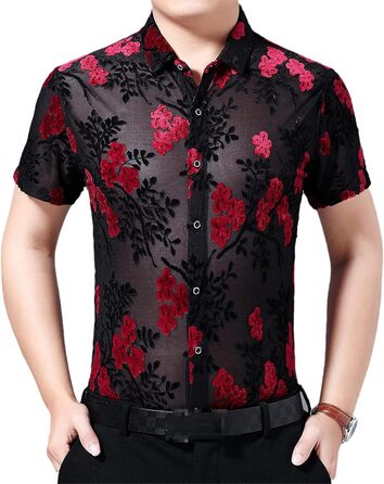 Чоловіча прозора сорочка з квітковим принтом, велюр, клубний стиль, червона (4XL)