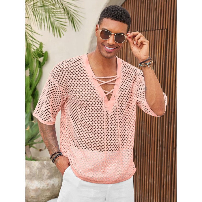 Чоловіча пляжна сорочка Runcati з шнурівкою, V-подібний виріз, в'язана, мереживна, прозора, літня сорочка (Рожева, L)