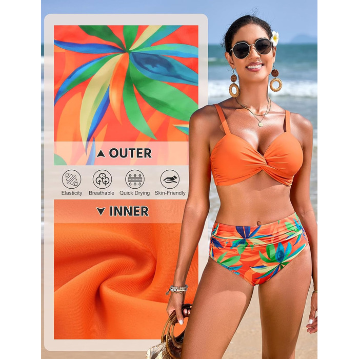 БІКІНІ ЖІНОЧИЙ СЕКСИ: комплект з високою талією, push-up, з V-подібним вирізом, двокомпонентний, для плавання та відпочинку (Оранжевий принт, розмір S)