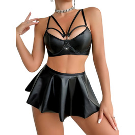 Комплект спідньої білизни FEOYA: бюстгальтер, труси G-string, спідниця з лакованого шкіряного ефекту, чорний, з ланцюжком, розмір M