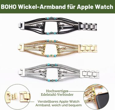 Шкіряний браслет Boho для Apple Watch — багатошаровий ремінець для iWatch Series 11 10 9 8 7 6 5 4 3 2 1 SE Ultra 1 2 3, чорний, 42/44/45/46/49мм